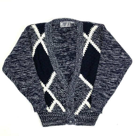VTG 80s Frontline Cardigan Sweater, Chunky Knit, Men’s Size S, B&W - Picture 1 of 6